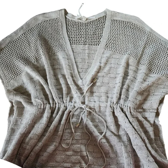 New Rachel Roy Ivory Linen Tie Waist Oversized V-Neck Knit Poncho Top Size M - Picture 6 of 7